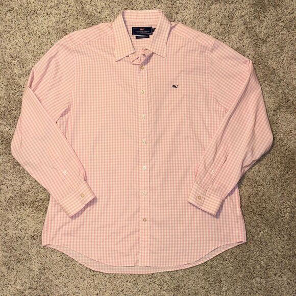 Vineyard Vines Pink White Gingham Long Sleeve Performance Button Down Shirt XL - Picture 2 of 6